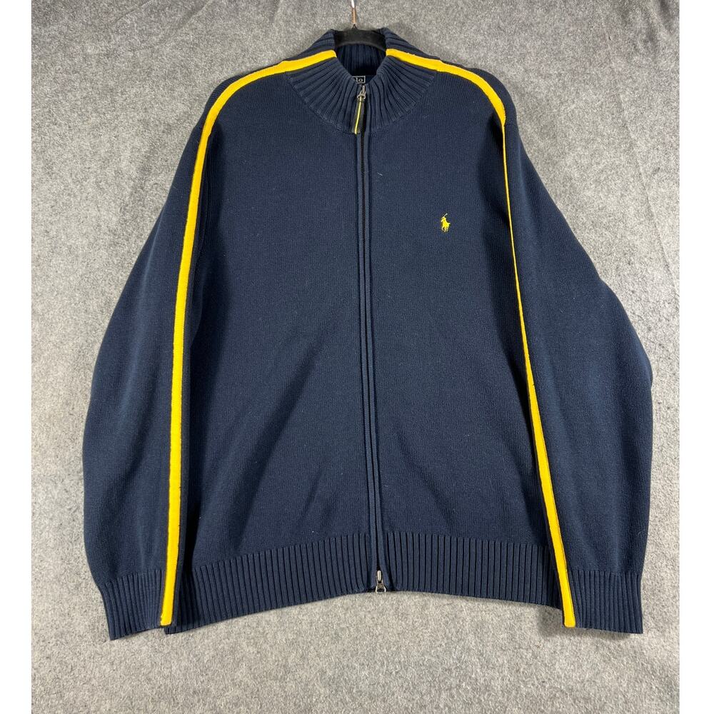 VINTAGE 90s Polo Ralph Lauren Sweater Mens XL Blue Full Zip Cotton Minimalist